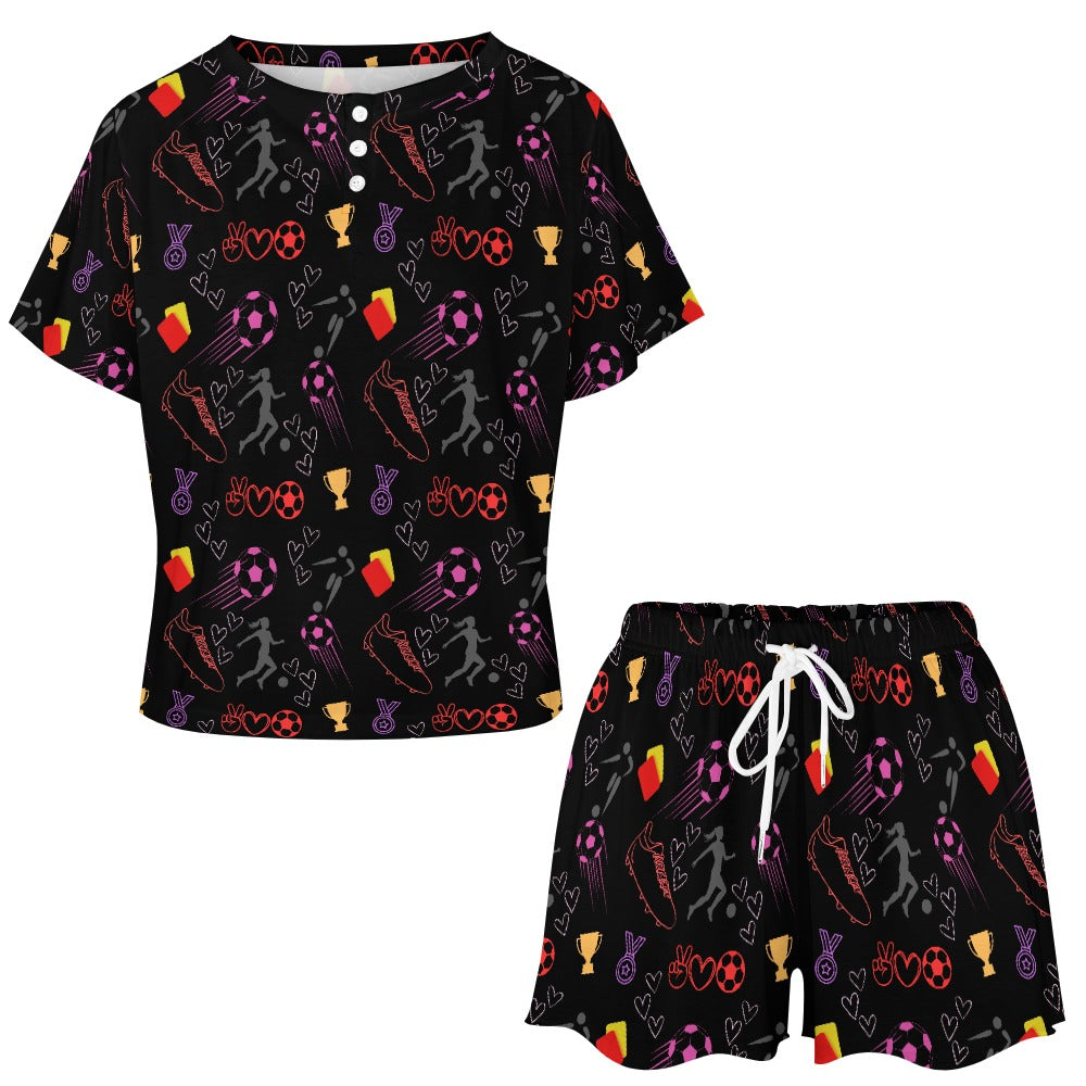 Women's Football Print Two Piece Shorts and T-shirt Pyjamas Set