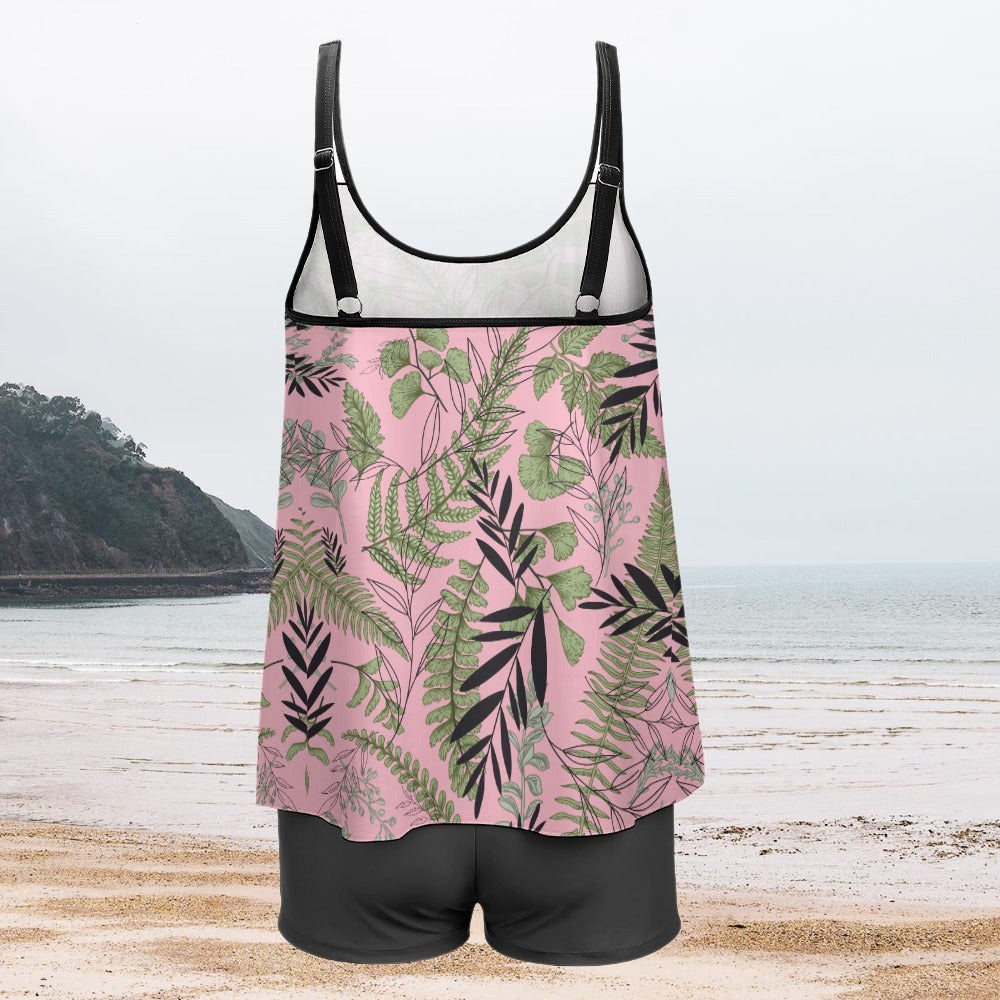 TABOO TIDE Plus Size Women's Fern Leaf Print Long Top And Shorts Two Piece Swimwear