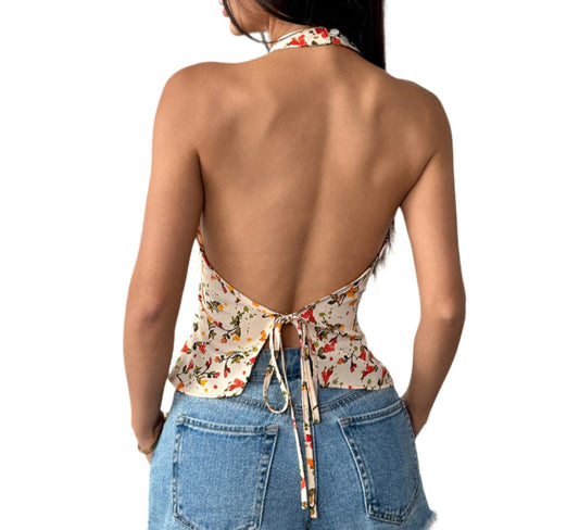 Women's Floral Backless Halter Neck Top