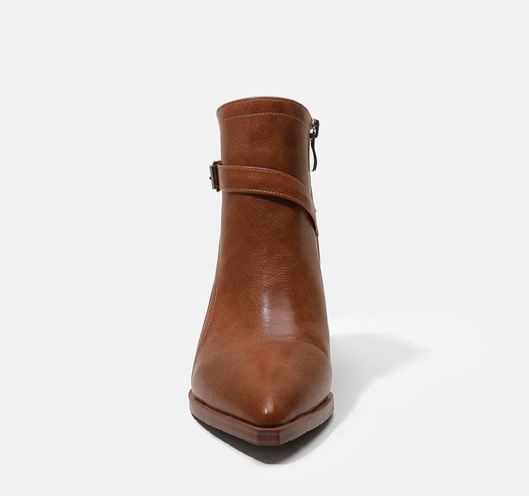 Women's Faux Leather Pointed Toe Thick Heel Ankle Boots