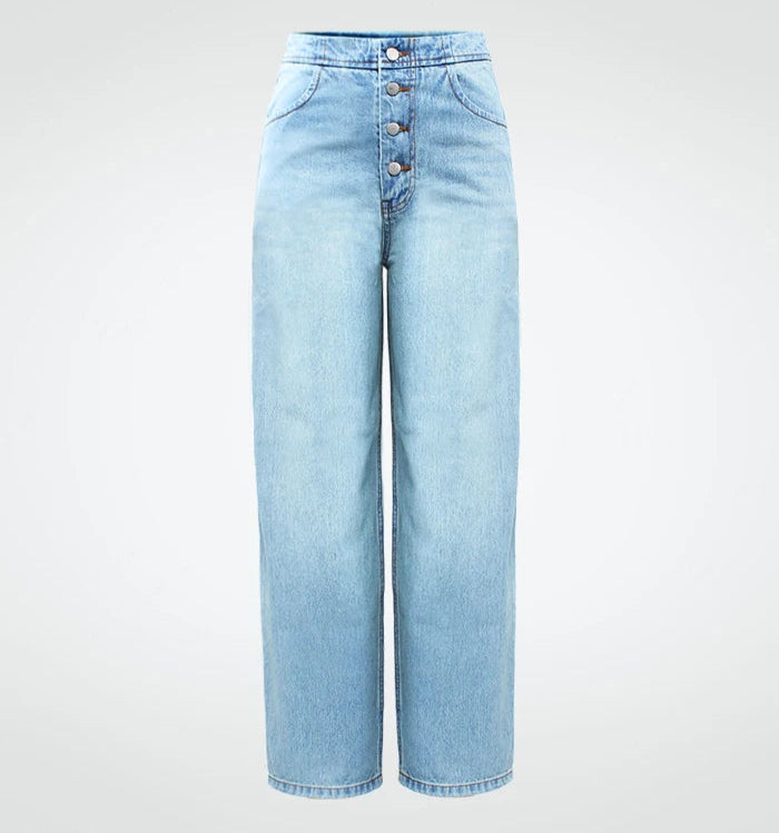 Women's Denim Jeans High Waist Wide Leg With Pockets Button Fly Straight Trousers
