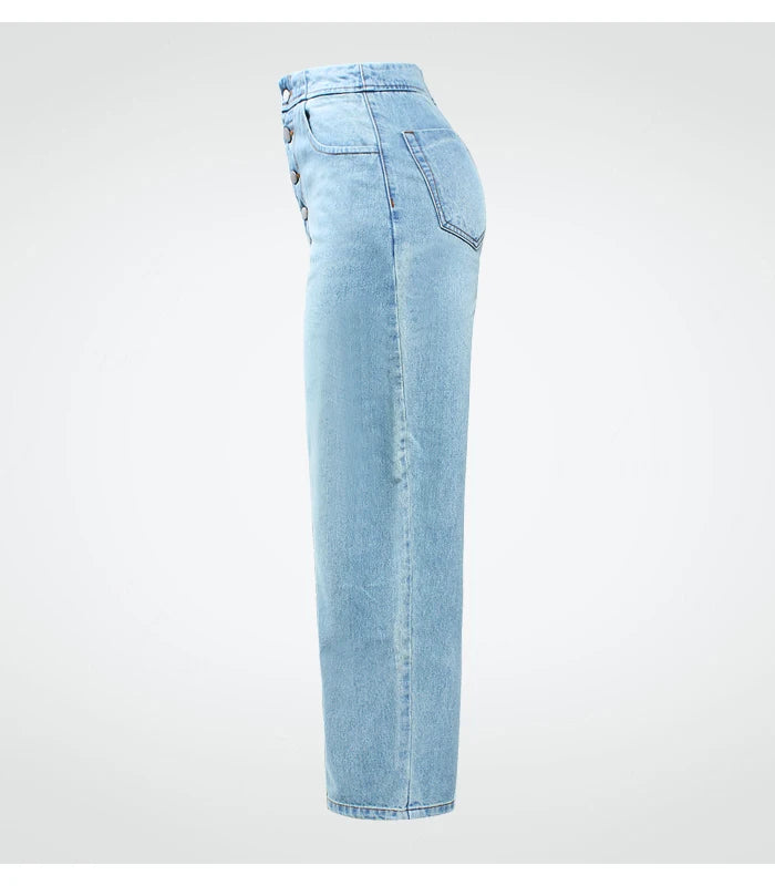 Women's Denim Jeans High Waist Wide Leg With Pockets Button Fly Straight Trousers
