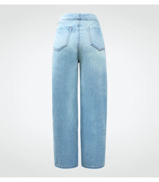 Women's Denim Jeans High Waist Wide Leg With Pockets Button Fly Straight Trousers