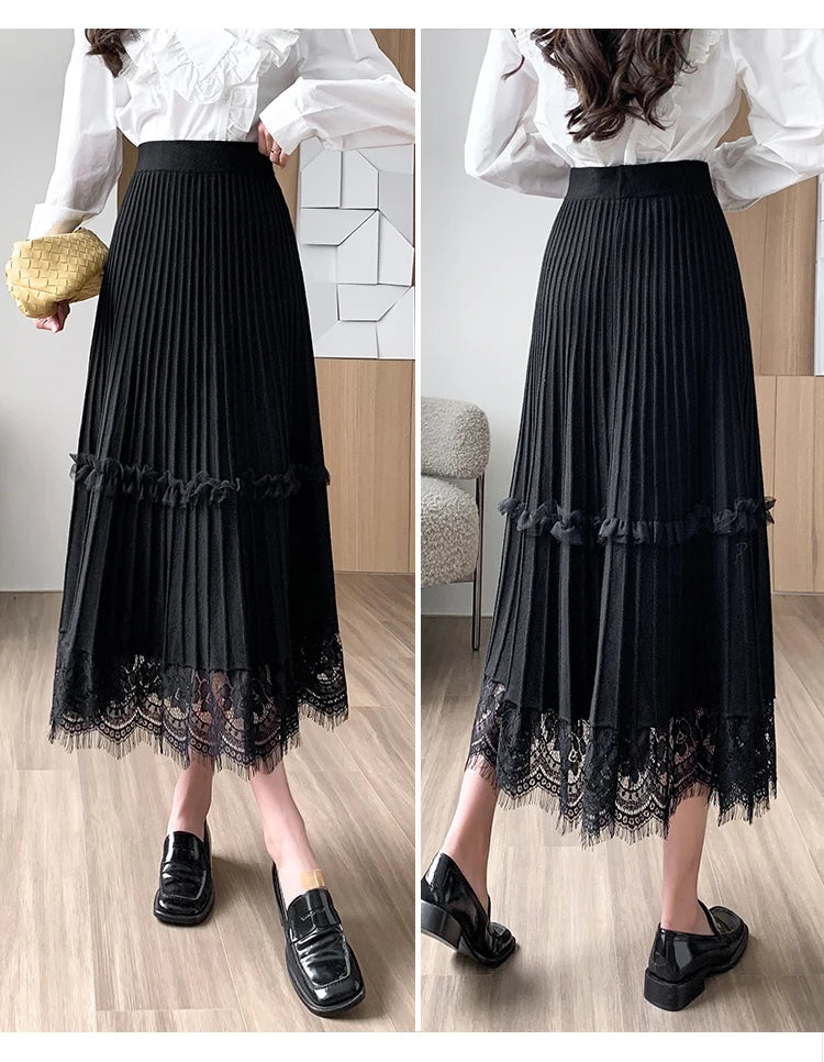 Women's Pleated Lace Edge A Line Midi Length Flare Skirt