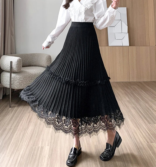 Women's Pleated Lace Edge A Line Midi Length Flare Skirt