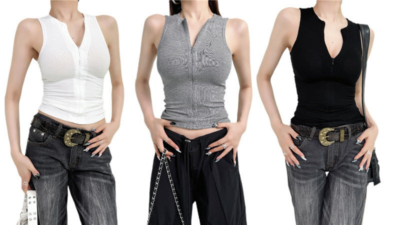 Women's Ribbed Front Zip Sleeveless Vest
