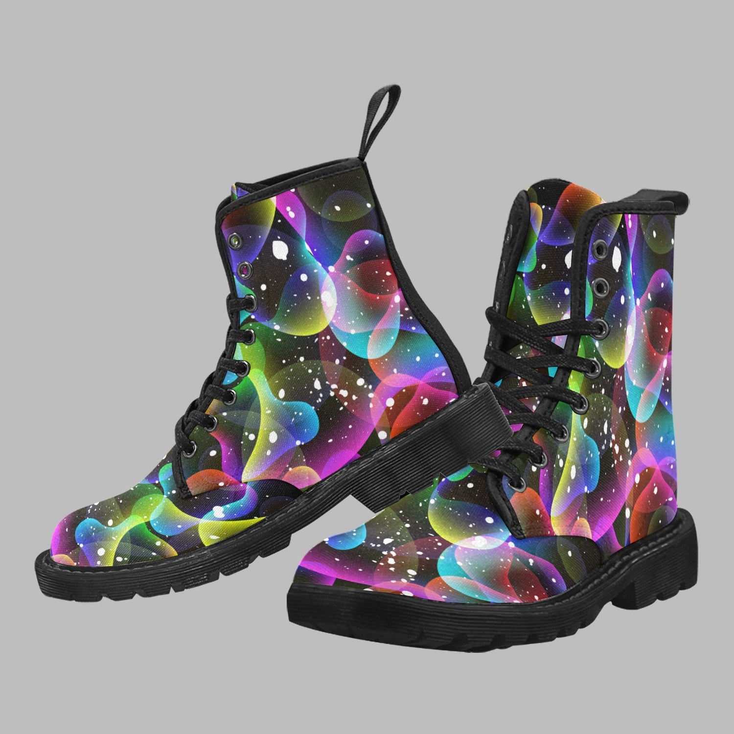 Canvas flat ankle boots with multicolored galactic print and black starry background