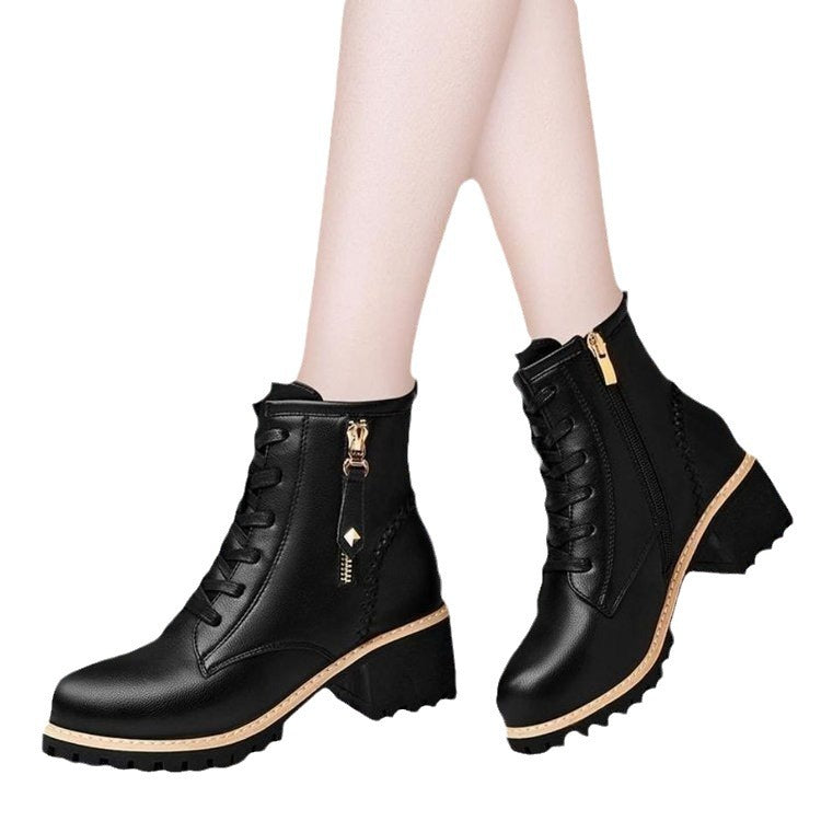 Women's Contrast Detail Lace Up PU Leather Thick Mid Heel Ankle Boots