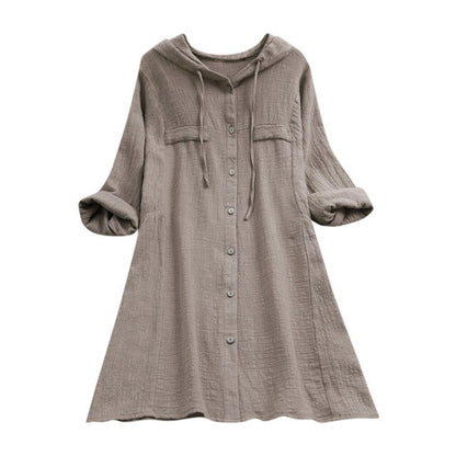 Women's Plus Size Linen Hooded Shirt Dress Long Sleeve Midi Length