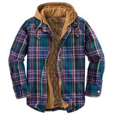 Men's Check Striped Plaid Lined Hooded Jacket Long Sleeve Button Front Shirt