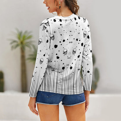 Women's Skull And Spot Print Long Sleeve Round Neck Casual Fashion Blouse Top Shirt T-shirt