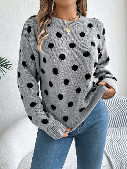 Women's Knitted Contrast Colour Polka Dot Jumper Long Sleeve Round Neck Sweater