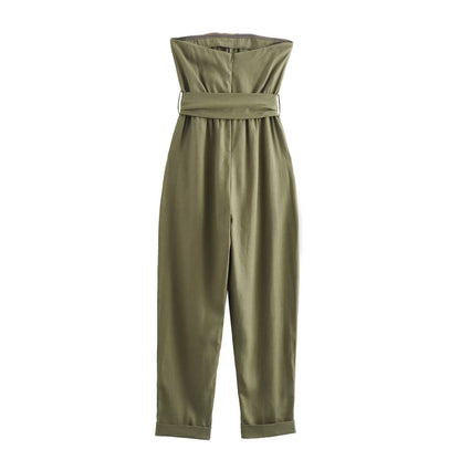 Women's Green Bandeau Jumpsuit Linen Feel Strapless Fitted Belted Waist