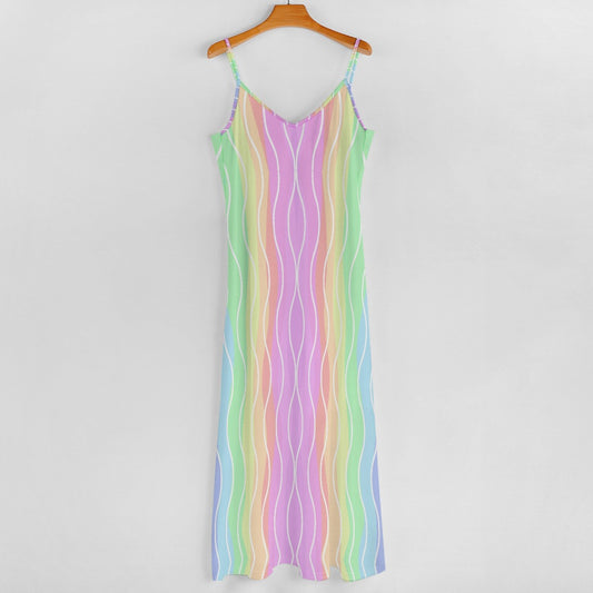 Women's Rainbow Wavy All Over Print Long Length Spaghetti Strap Stretchy Lightweight Dress