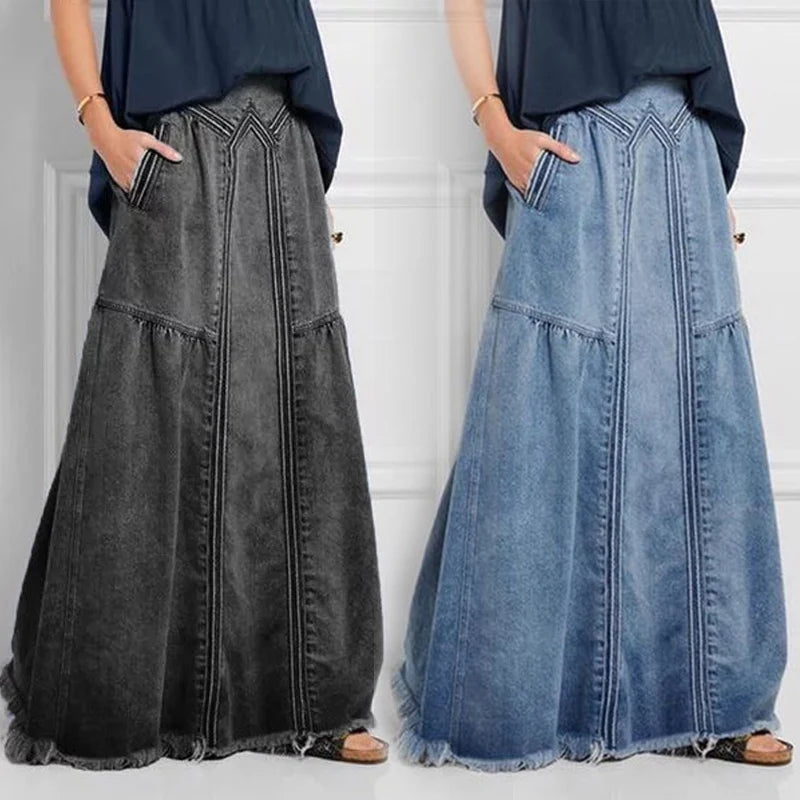 Women's Oversize Denim Skirt Patchwork Detailed Stitch Frayed Hem Solid High Waist Pockets Maxi Full Length