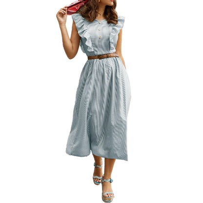 Women's French Ruffle Front Detail Cotton Midi Dress