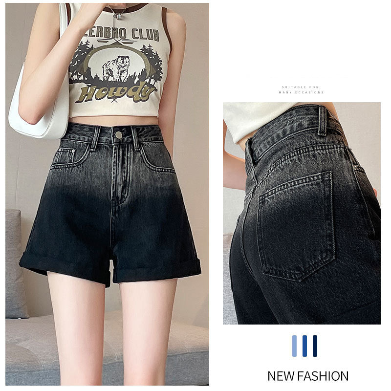 Women's Black Ombre Faded Wash Denim Shorts High Waist Fitted Jeans