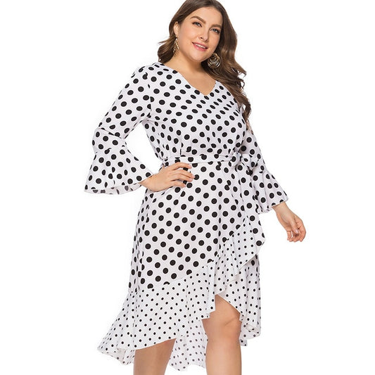 Women's Plus Size Polka Dot Wrap Dress Long Sleeve V-Neck Knee Length