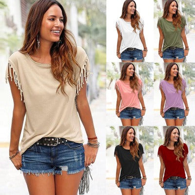 Women's Solid Colour T-shirt Round Neck Short Sleeved Tassel Edge Top Casual Boho Fashion