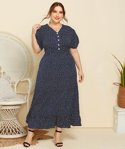 Women's Plus Size Polka Dot Fitted Maxi Dress Short Sleeve V-Neck Button Detail