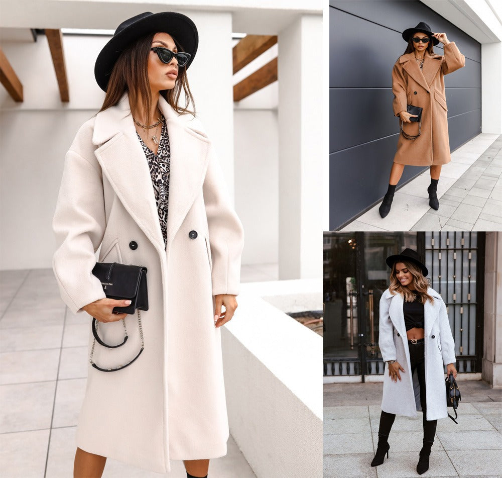 Women's Long Wool Coat V-Neck Collar One Button Close Midi Jacket