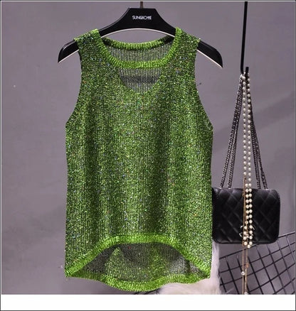 Women's Glitter Knitted Vest Top V-Neck Sleeveless Scalloped Front Hem