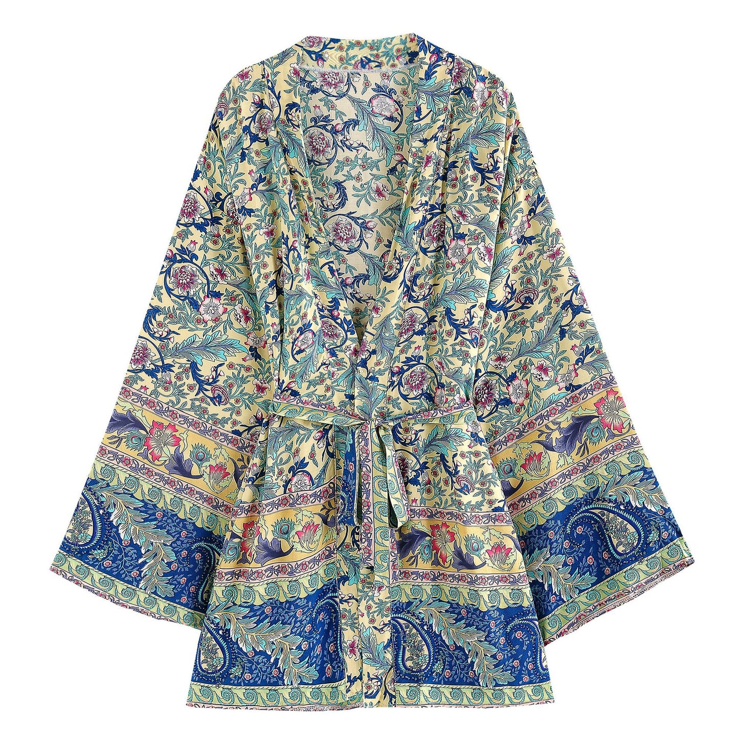 Bohemian Blue Floral Belted Short Kimono