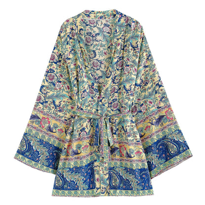 Bohemian Blue Floral Belted Short Kimono