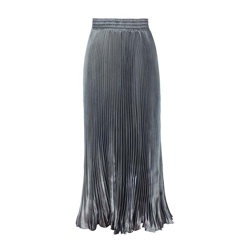 Women's Satin Metallic Pleated Maxi Skirt Long Organ Fan Long Length Elastic Waist