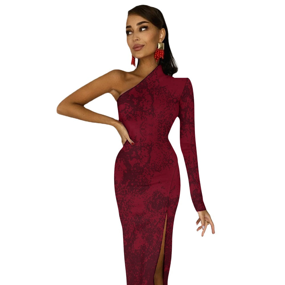 Women's Red Two-tone Paint Print One Shoulder Half Sleeve Thigh Slit Leg Long Dress Elegant Sexy Fashion