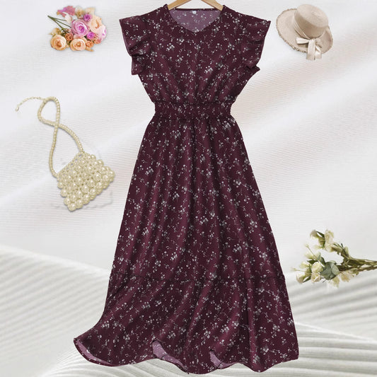 Women's Wine Floral Short Sleeve Elastic Waist Dress