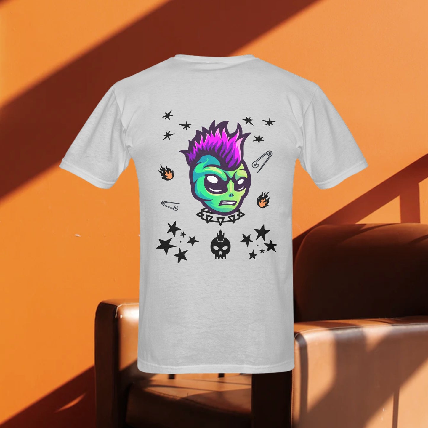 Men's Alien Punk Safety Pin Print Cotton T-shirt Front and Back Design