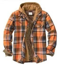 Men's Check Striped Plaid Lined Hooded Jacket Long Sleeve Button Front Shirt