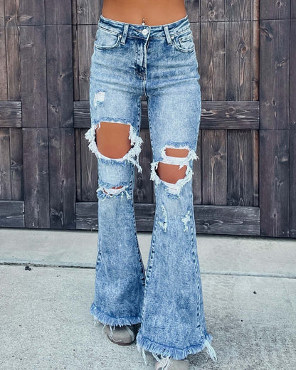 Women's Denim Jeans Ripped Tassel Frill Edge Flared Trousers Casual Fashion