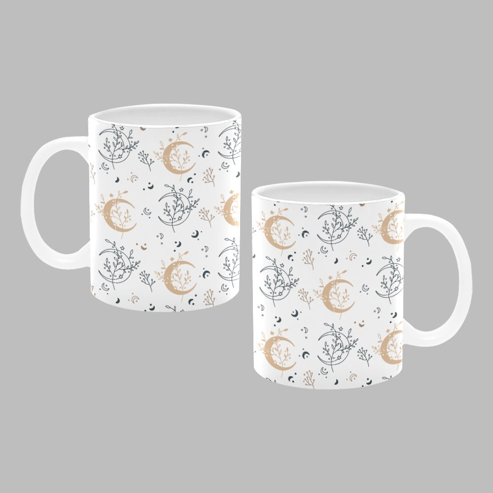 Moon Floral Leaves Print Wrap Drinkware White 11oz Ceramic Cup Mug