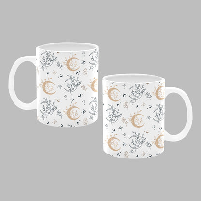 Moon Floral Leaves Print Wrap Drinkware White 11oz Ceramic Cup Mug