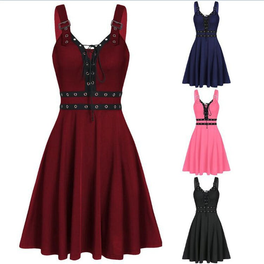 Women's Gothic Punk Panelled Lace-Up Detailed Skater Dress