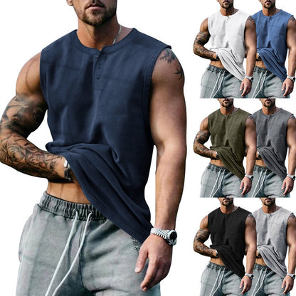 Men's Sports Basketball Tank Vest Top Round Neck Button Up Sleeveless T-shirt