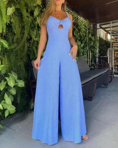 Women's Blue Pinstripe Jumpsuit Cut Out Front Bow Sleeveless Fitted Wide Leg Outfit Casual Fashion