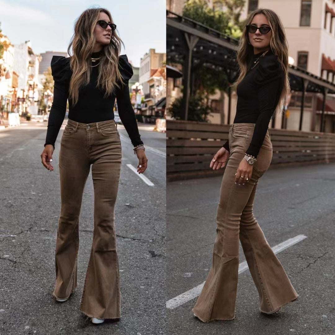 Women's Solid Colour Corduroy Flare Mid-Rise Trousers