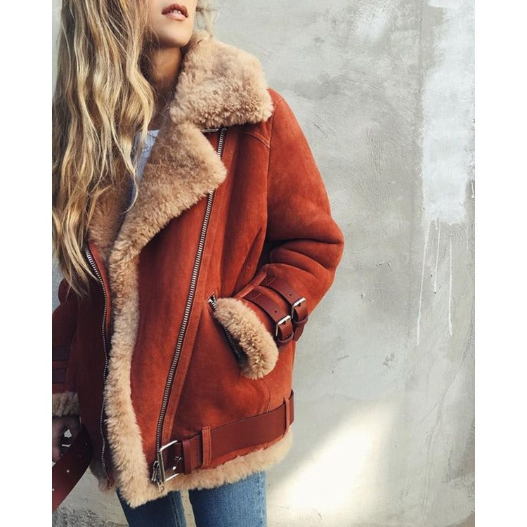 Women's Faux Fur Jacket Heavy Belted Big Collar Buckle Detail Coat