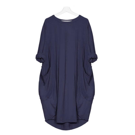 Women's Loose Fitting Dress Round Neck Knee Length with Pockets