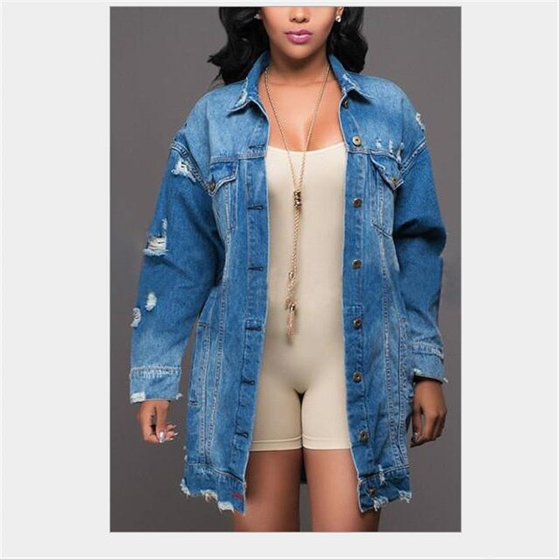 Women's Oversized Denim Jacket Boyfriend Style Frayed Bottom Detail Coat