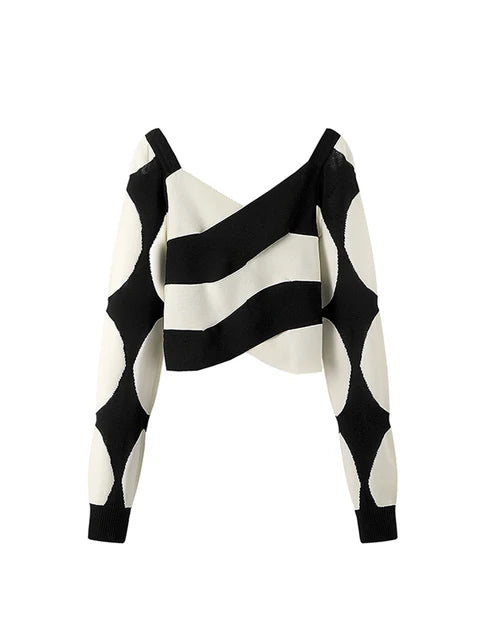 Women's Monochrome Striped Knit V-Neck Sweater