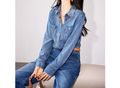 Women's Classic Simple Denim Shirt Loose Button Front Pockets High End Blouse