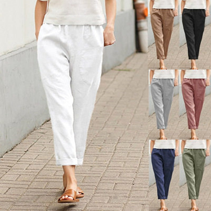 Women's Linen Cotton Loose Fit Straight Leg Cropped Trousers