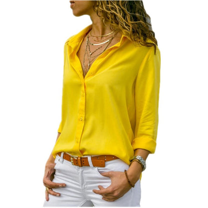 Women's Solid Colour Chiffon Blouse Long Sleeve V-Neck Button Front Casual Shirt