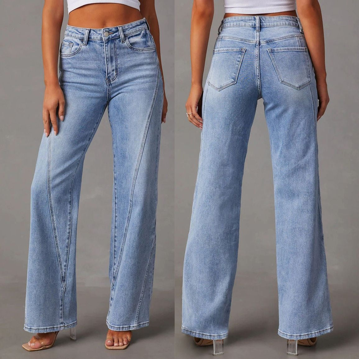 Women's Denim Jeans Diagonal Stitch Design Wide Leg Trousers Casual Fashion