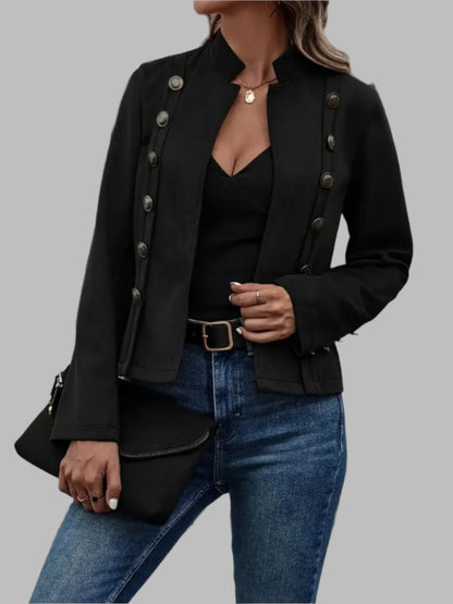 Women's Faux Suede Open Front Button Detail Fitted Jacket