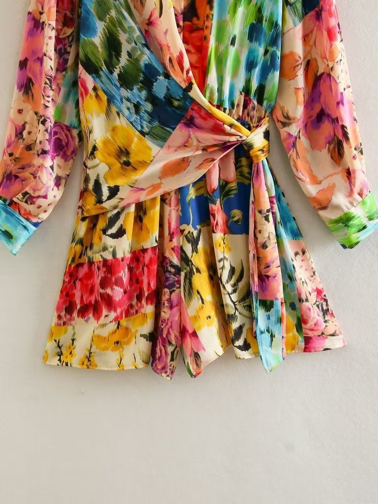 Women's Floral Rainbow Paint Print Playsuit Side Tie Belt Detail Long Sleeve Button Front Collar